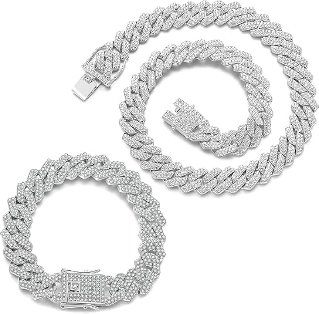 GUSTAVE® 2Pcs Cuban Link Chain for Men Silver Necklace and Bracelet Miami Cuban Chains Bling Crystal Chain for Hip Hop Jewelry GUSTAVE® 2Pcs Cuban Link Chain for Men Silver Necklace and Bracelet Miami Cuban Chains Bling Crystal Chain for Hip Hop Jewelry